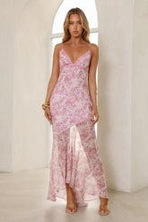 Delicate Floral Lace Trim Maxi Dress Pink